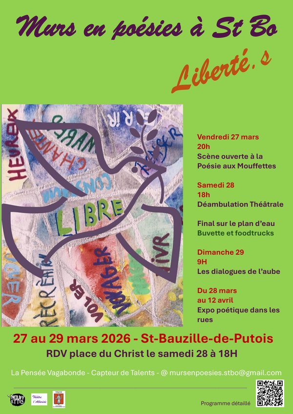 Affiche du festival Murs en Poésies à St Bo — Liberté·s, illustrée d'une colombe colorée et du programme résumé