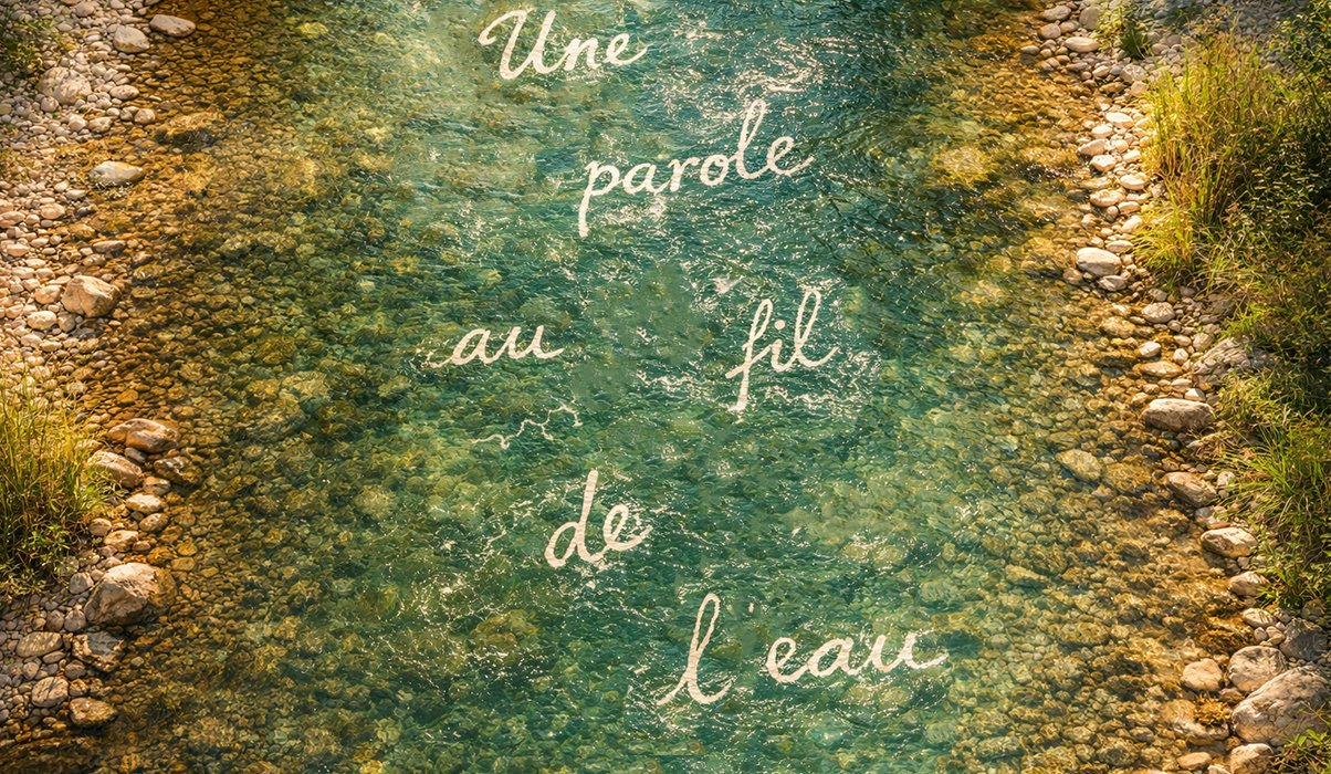 Vue aérienne de l'Hérault — les mots « Une parole au fil de l'eau » flottent en lettres cursives à la surface de la rivière