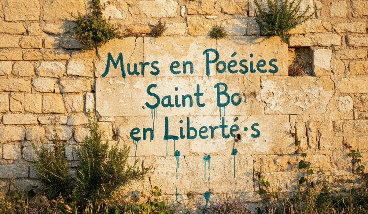 Mur en pierre dorée du village avec le titre du festival peint à la main en lettres teal