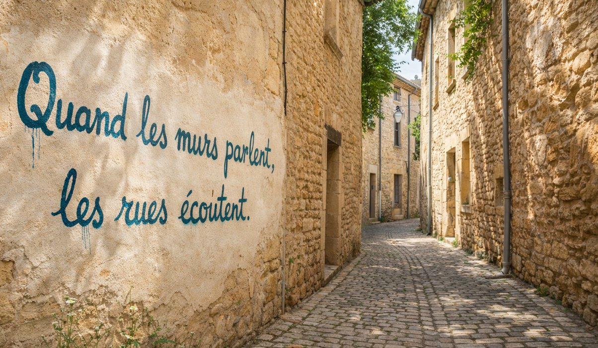 Ruelle pavée d'un village du sud, mur en pierre avec l'inscription peinte « Quand les murs parlent, les rues écoutent »
